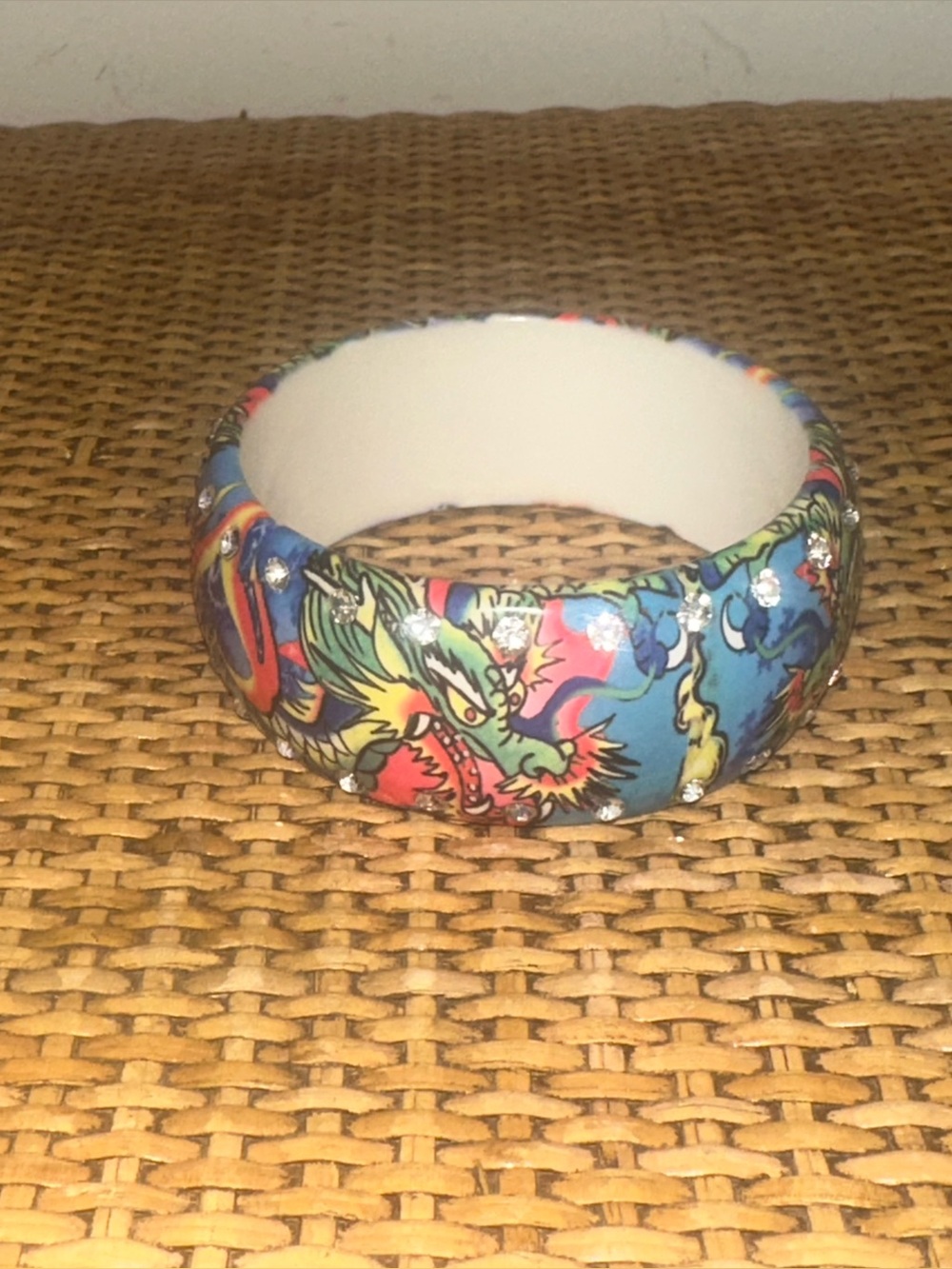 Vintage Ed Hardy Wide Hard Plastic Bangle Bracelet Small Crystal Rhinestones Y2K